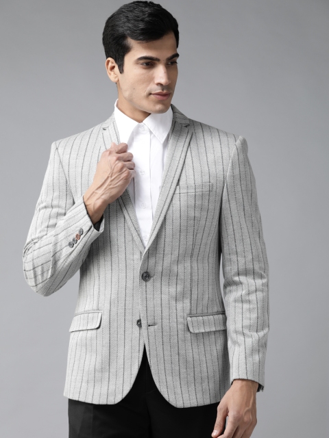 

Blackberrys Men Grey & Black Self-Striped Phoenix Fit Single-Breasted Formal Blazer