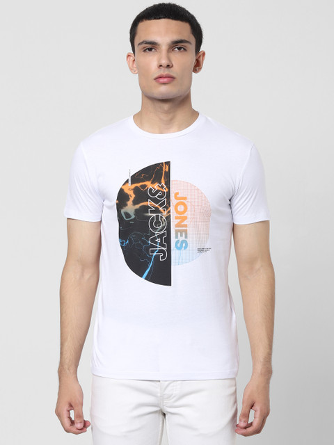 

Jack & Jones Men White & Black Brand Logo Printed Slim Fit Round Neck T-shirt