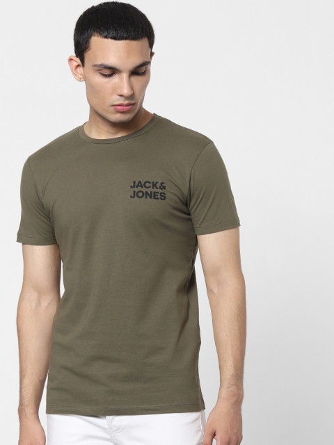 

Jack & Jones Men Olive Green Pure Cotton Solid Round Neck T-shirt