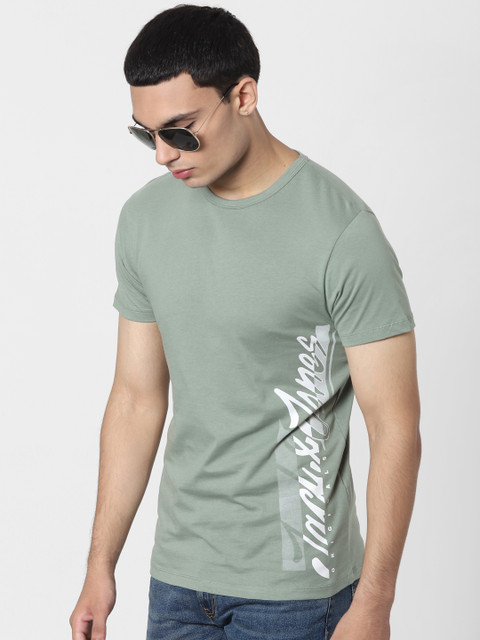 

Jack Jones Men Green Cotton Brand Logo Print Round Neck Pure Cotton T-shirt