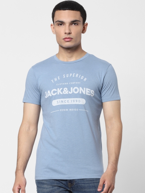 

Jack & Jones Men Blue & Off-White Brand Logo Printed Round Neck T-shirt