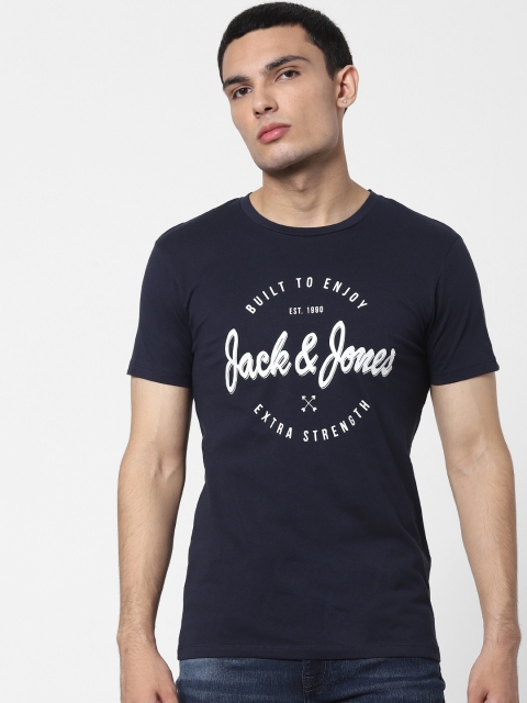 

Jack & Jones Men Navy Blue Pure Cotton Printed Round Neck T-shirt