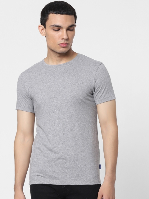 

Jack Jones Men Grey Melange Cotton Solid Round Neck Pure Cotton T-shirt