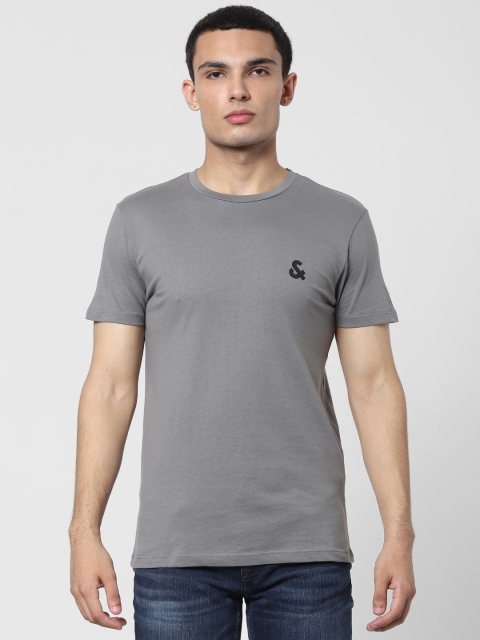 

Jack & Jones Men Grey Pure Cotton Solid Round Neck T-shirt