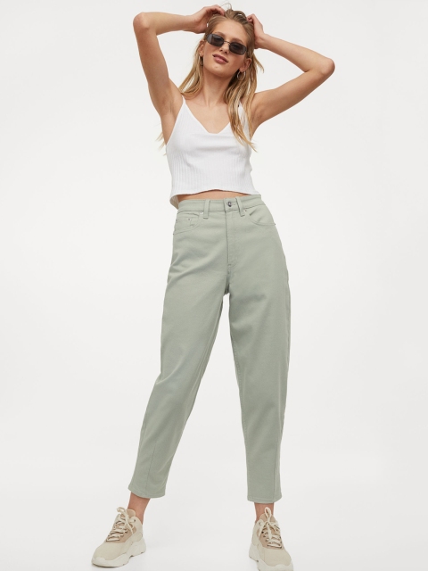 

H&M Women Green Solid Mom Loose-fit Twill Trousers