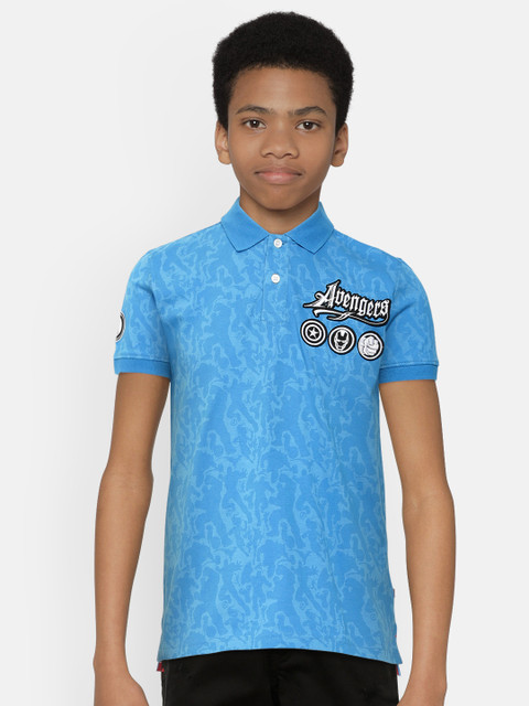 

Indian Terrain Boys Blue Avenger Print Pure Cotton Polo Collar Pure Cotton T-shirt