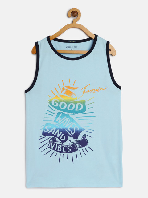 

Indian Terrain Boys Blue Printed Pure Cotton Sleeveless Round Neck T-shirt