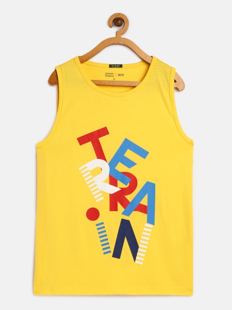 

Indian Terrain Boys Yellow Printed Pure Cotton Sleeveless Round Neck T-shirt