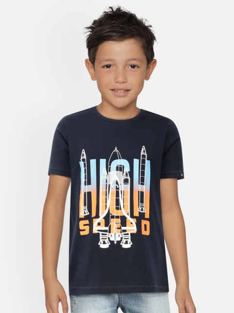 

Indian Terrain Boys Navy Blue Printed Round Neck Pure Cotton T-shirt