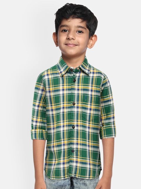 

Indian Terrain Boys Green & Yellow Pure Cotton Slim Fit Checked Casual Shirt