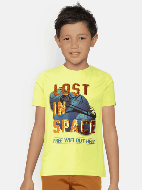 

Indian Terrain Boys Yellow Flip Sequined Printed Round Neck T-shirt