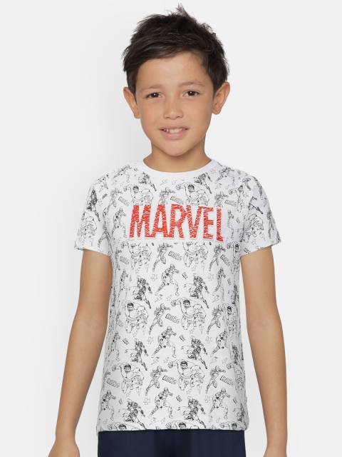 

Indian Terrain Boys White Black Marvel Print Round Neck Pure Cotton T-shirt
