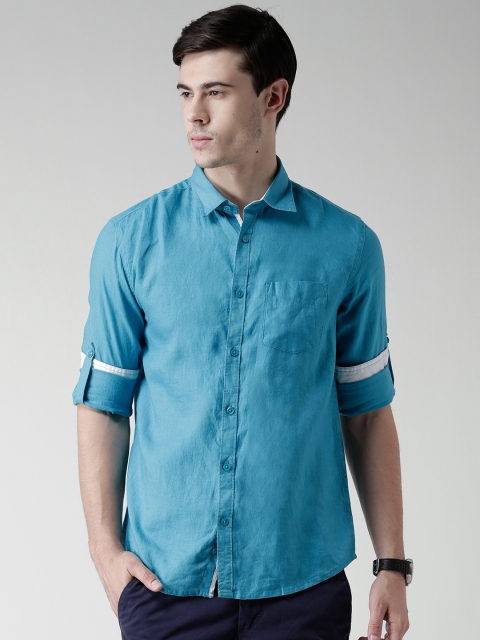 

Celio Turquoise Blue Linen Casual Shirt