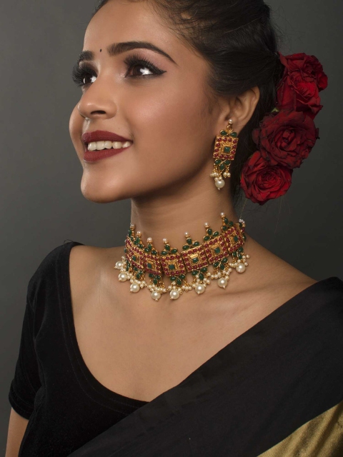 

Fida Gold-Plated Green & Red Stone Studded & Beaded Temple Jewellery Set