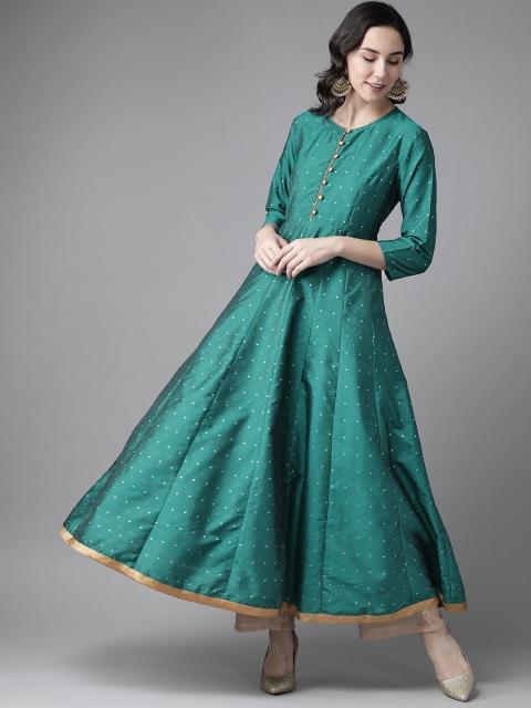 

Bhama Couture Women Green & Golden Woven Design A-line Panelled Kurta