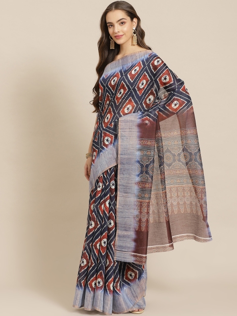 

Shangrila Creation Navy Blue & Brown Linen Blend Printed Ikat Handloom Saree