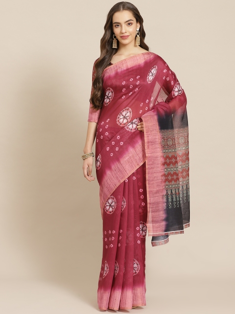 

Shangrila Creation Maroon & White Linen Blend Printed Ikat Handloom Saree