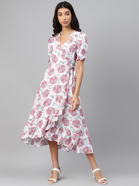 

Marks & Spencer Women White & Pink Romantic Floral Print Wrap Dress