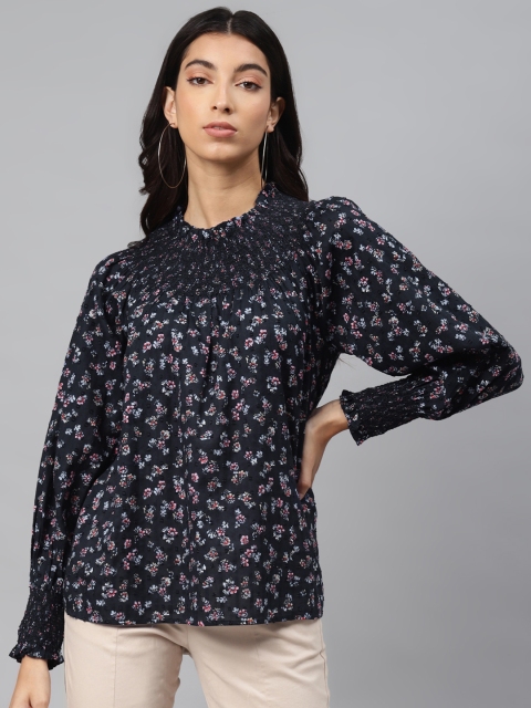 

Marks & Spencer Navy Blue & Red Ditsy Floral Dobby Puff Sleeves Pure Cotton Regular Top