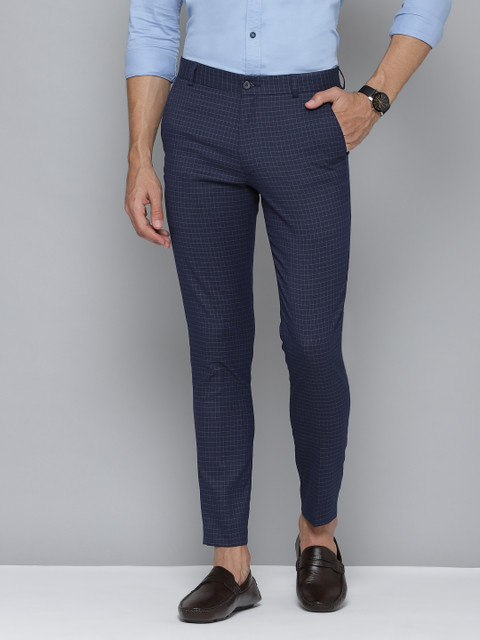 

DENNISON Men Navy Blue & Grey Smart Tapered Fit Checked Cropped Trousers