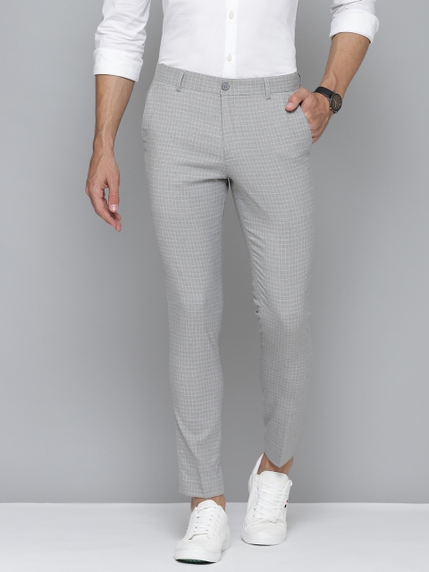 

DENNISON Men Grey & White Smart Tapered Fit Checked Cropped Trousers