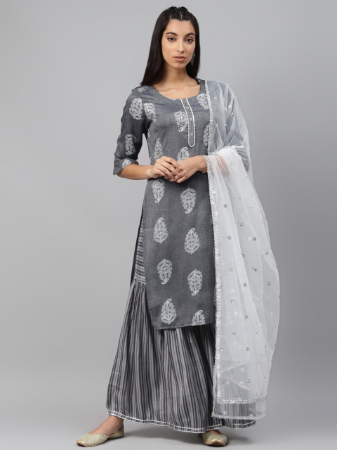 

Laabha Women Charcoal Grey & Silver Embroidered Straight Kurta with Sharara & Dupatta