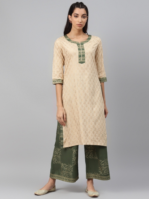 

Laabha Women Beige & Olive Green Paisley Foil print Kurta with Palazzos
