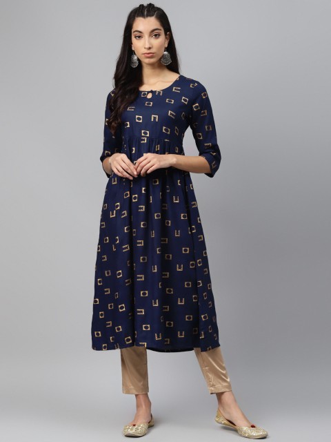 

Laabha Women Navy Blue & Golden Geometric Printed Keyhole Neck Kurta