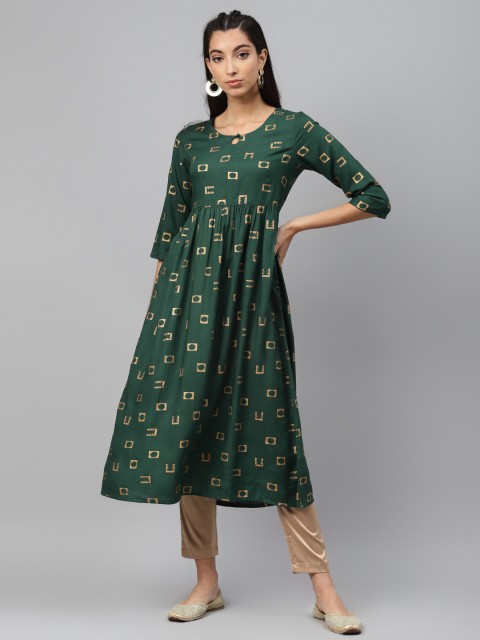 

Laabha Women Green & Golden Geometric Printed Keyhole Neck Kurta