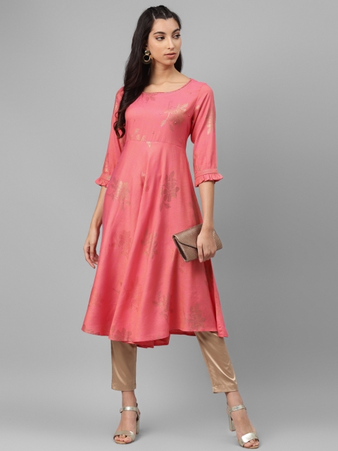 

Laabha Women Pink & Golden Romantic Floral Print Kurta