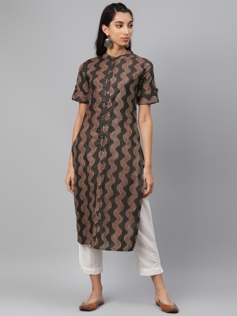 

Laabha Women Coffee Brown & Maroon Chevron Print Pure Cotton Kurta