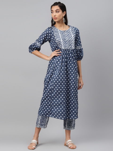 

Laabha Women Navy Blue & White Printed Pure Cotton Kurta with Trousers