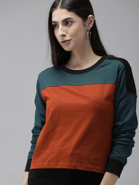 

The Dry State Women Rust Orange & Tel Green Colourblocked Round Neck T-shirt