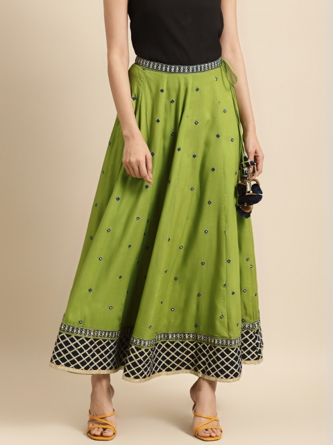 

RANGMAYEE Women Green & Navy Blue Embroidered Flared Maxi Skirt With Mirror Work