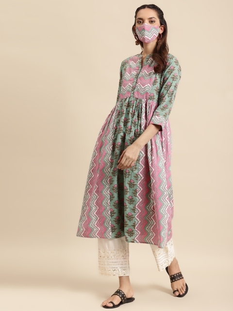 

RANGMAYEE Women Green & Pink Floral Printed Pastels Pure Cotton Kurta