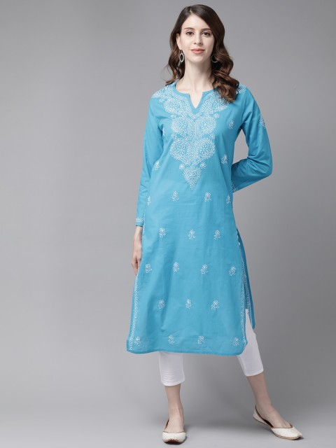 

ADA Women Blue & White Pure Cotton Chikankari Embroidered Handloom Kurta with Trousers