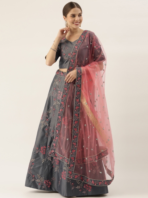 

Soch Grey & Pink Embroidered Sequinned Semi-Stitched Lehenga & Unstitched Blouse With Dupatta