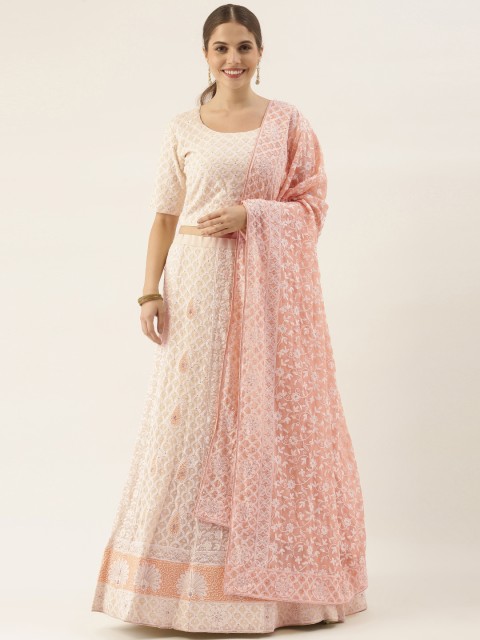 

Soch Cream & Peach-Coloured Embroidered Thread Work Ready to Wear Lehenga & Unstitched Blouse With Dupatta