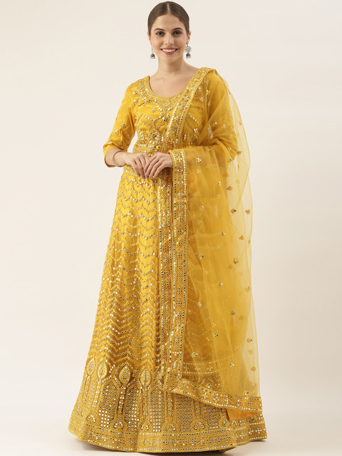 

Soch Mustard Embroidered Mirror Work Embroidered Lehenga Choli