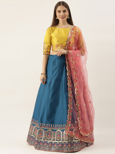 

Soch Women Blue & Peach Art Silk Embroidered Lehenga Choli