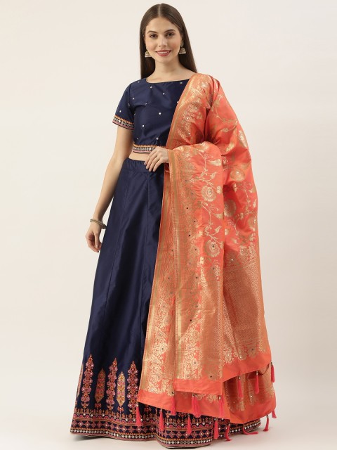 

Soch Navy Blue & Orange Embroidered Semi-Stitched Lehenga & Unstitched Blouse With Dupatta