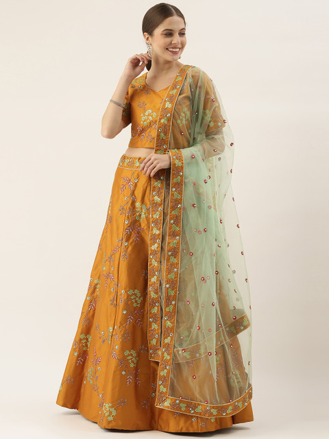 

Soch Mustard & Gold-Toned Embroidered Sequinned Semi-Stitched Lehenga & Unstitched Blouse With Dupatta