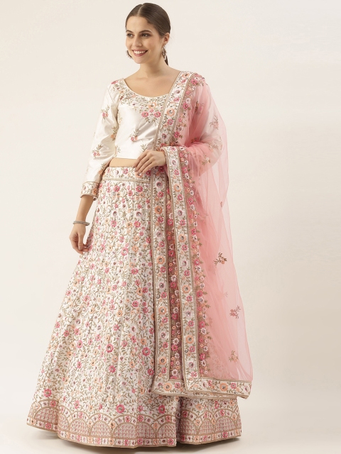 

Soch Cream & Pink Embroidered Sequinned Semi-Stitched Lehenga & Unstitched Blouse With Dupatta