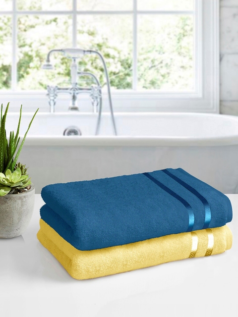 

Story@home Set Of 2 Navy Blue & Yellow 450GSM Super Absorbent Terry Cotton Bath Towels
