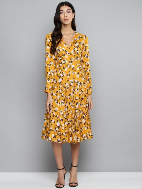 

Femella Women Mustard Yellow & White Floral Printed Wrap Dress