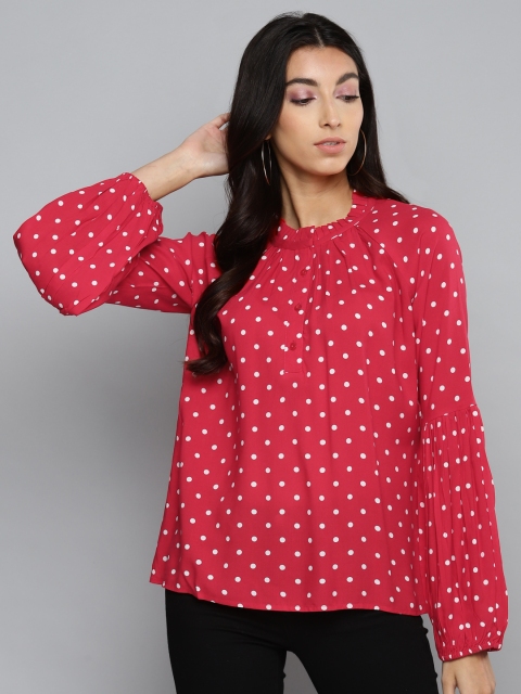 

Femella Red & White Printed Puff Sleeves Shirt Style Top