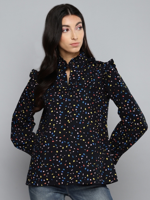 

Femella Black Geometric Printed Mandarin Collar Puff Sleeves Pure Cotton Regular Top