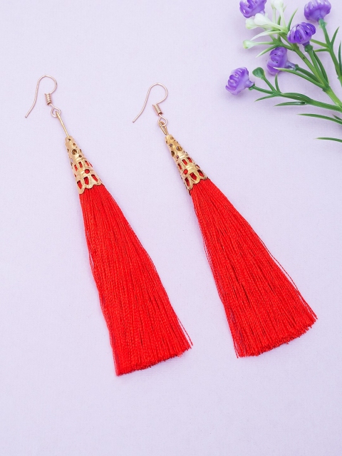 

Golden Peacock Red & Gold-Toned Contemporary Tasselled Drop Earrings