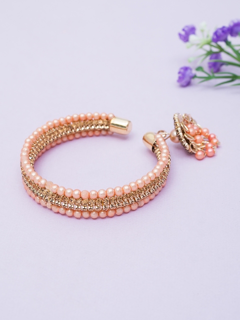 

Golden Peacock Gold-Toned & Peach-Coloured Studded & Beaded Cuff Bracelet