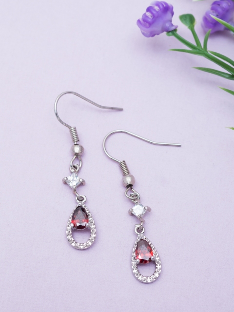 

Golden Peacock Red & Silver-Toned CZ Studded Teardrop Shaped Drop Earrings